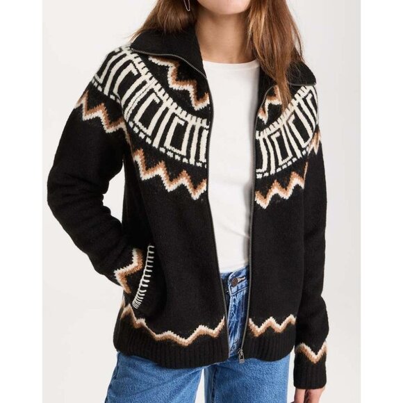 Saylor Gila Black Brown Ivory Fair Isle Mock Neck Zipper Cardigan Sweater Size S - Picture 1 of 14